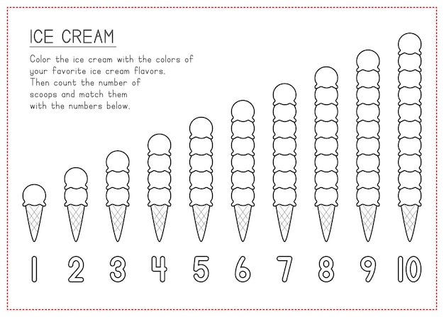 Vector children learning worksheet coloring and counting ice cream cones