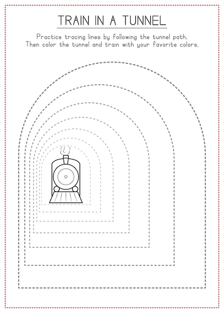 Children learning worksheet  tracing lines and coloring train in the tunnel