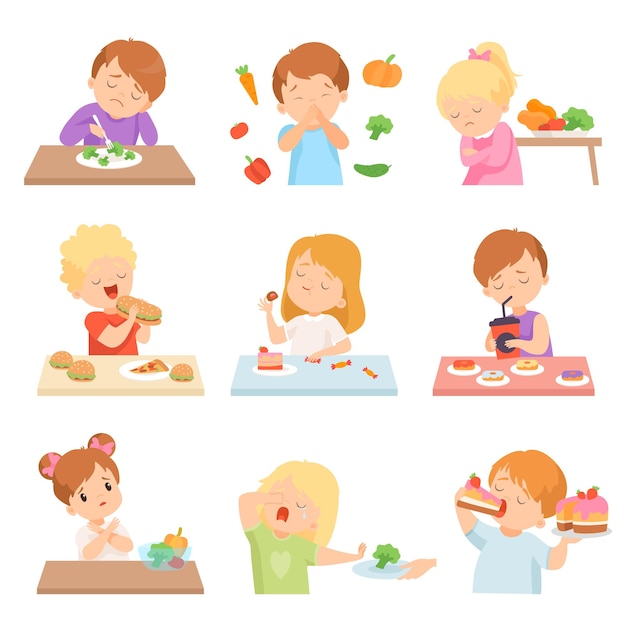 Children Do Not Like Vegetables Set Kids Enjoying Eating of Fast Food and Sweets Vector Illustration on White Background