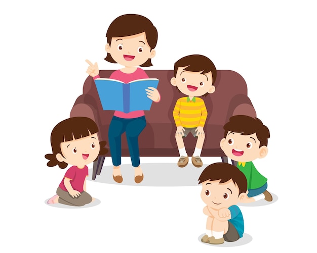 Children listen dad mom grandparents reading book on sofa