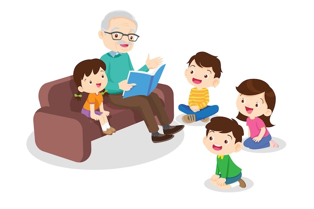 Children listen dad mom grandparents reading book on sofa