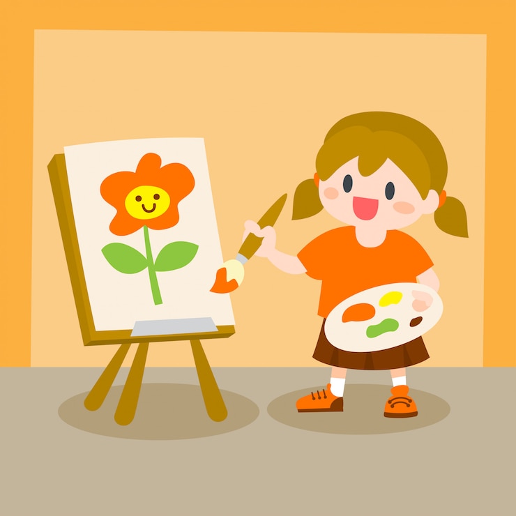 Vector 子供たち、キャンバスでの少女の絵画、ドローイングクラス