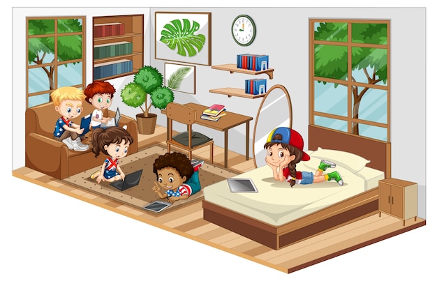 Children in the living room with furnitures