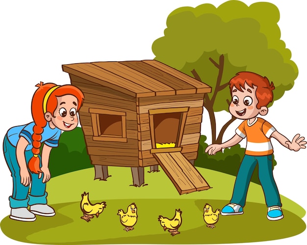 children loving a cute chick vector illustration