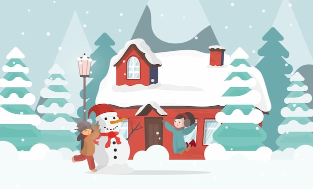 I bambini fanno un pupazzo di neve nel cortile. casa, alberi, montagne, neve e inverno. vettore.