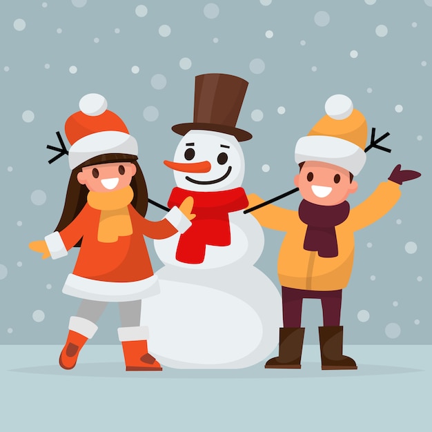 Vector children make a snowman.