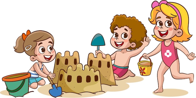 Дети строят замок из песка на пляже