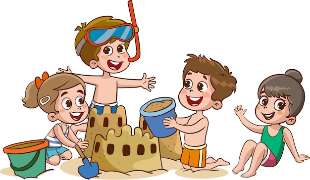 Premium Vector | Children making sand castle at the beach