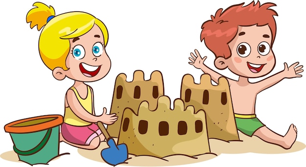 Bambini che fanno castelli di sabbia sulla spiaggia