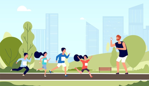 Vector children marathon. kids athlete workout, run competition. school sport lesson in park