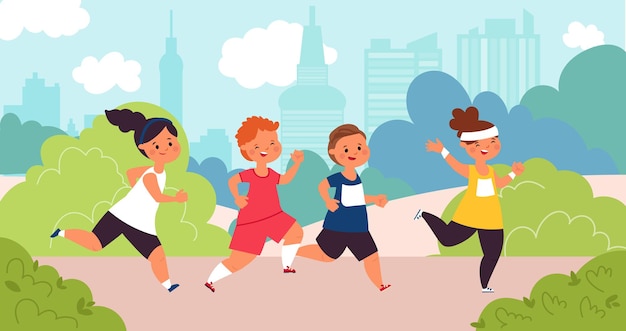 Vettore maratona per bambini. i bambini corrono, i ragazzi delle gare di velocità. gara di corsa all'aperto, piccola sfida sportiva dell'atleta nel parco illustrazione vettoriale decente