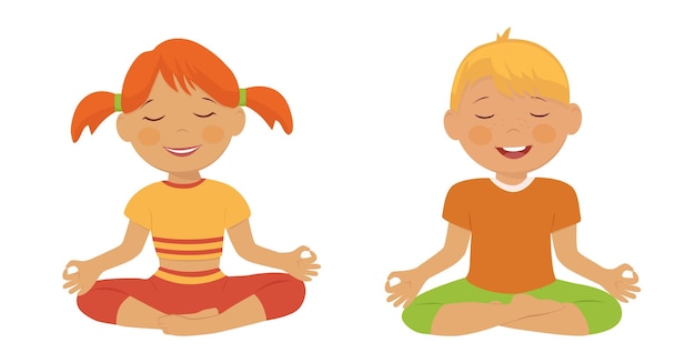 Vettore bambini meditazione bambini yoga relax lezioni di respirazioneillustrazione catoon vettoriale