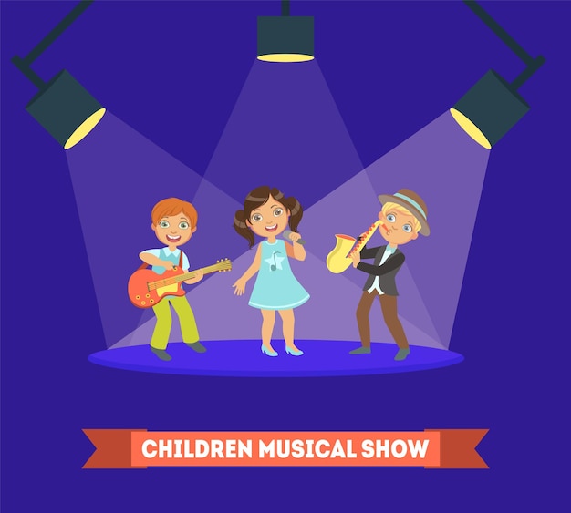 Vector children musical show banner template kids performing on stage boys and girls singing and playing