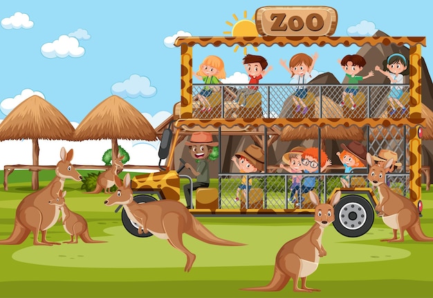 動物園のシーンでカンガルーグループを見ている観光車の子供たち