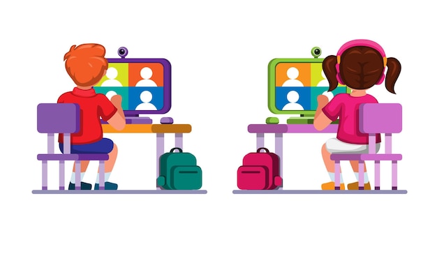 Children online school in social distancing video call meeting cartoon illustration vector