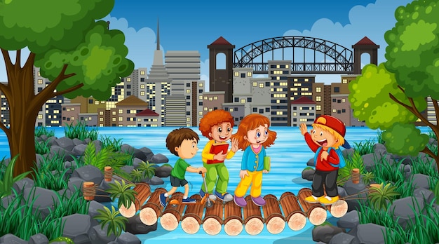 Children at outdoor nature illustration