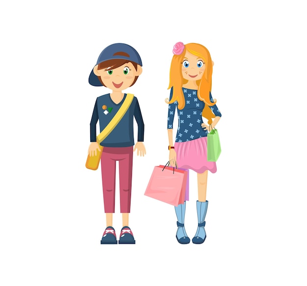 Vector children pair boy girl in school clothes going to school