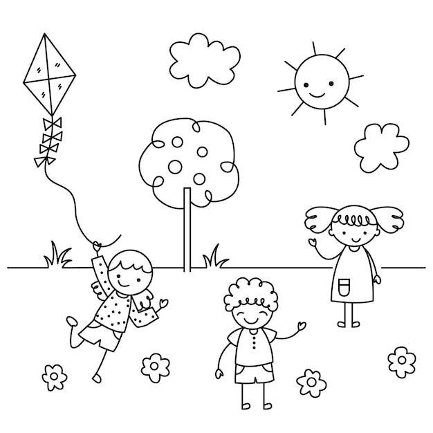 Vector children in the park playing sketch hand drawn