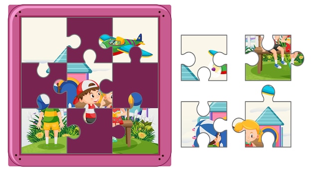 Vector children photo jigsaw puzzle game template
