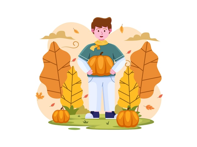 Vector a children picking a pumpkin in the farm when autumn