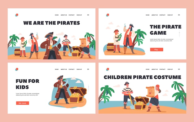 子供の海賊の着陸ページテンプレートセット子供のキャラクターは宝箱の地図またはボトルで鳶口の衣装を着ます