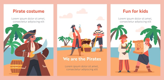 Bambini pirati sull'isola segreta banner cartoon divertente personaggio per bambini indossa costumi picaroon con mappa del forziere del tesoro