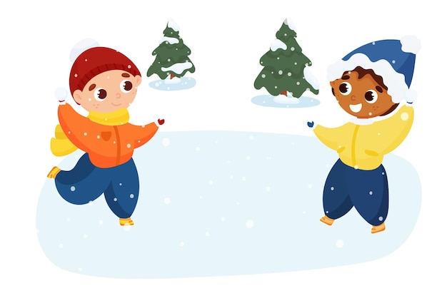 Children play active winter games they make a snowman throw snowballs