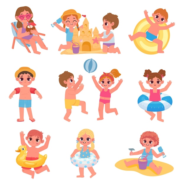 子供たちはビーチでボールを泳ぎ、砂の城を作ります海で夏休みに水着で漫画の子供たちのキャラクタープールキッズベクトルセット