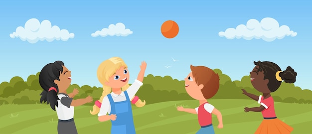 Vector children play ball in park or playground preschool boy girl laughing playing together