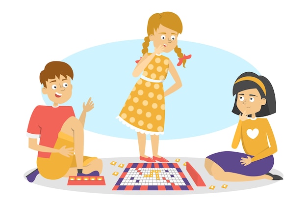 Children play board game. friends have fun. girls and boy playing on the floor.   illustration in cartoon style