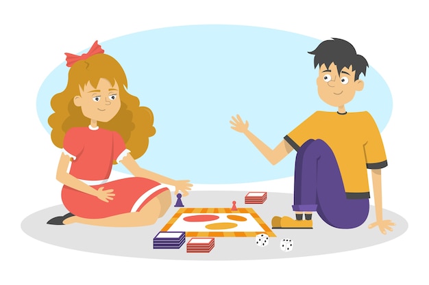 Children play board game. two friends have fun. girl and boy throw dice.   illustration in cartoon style