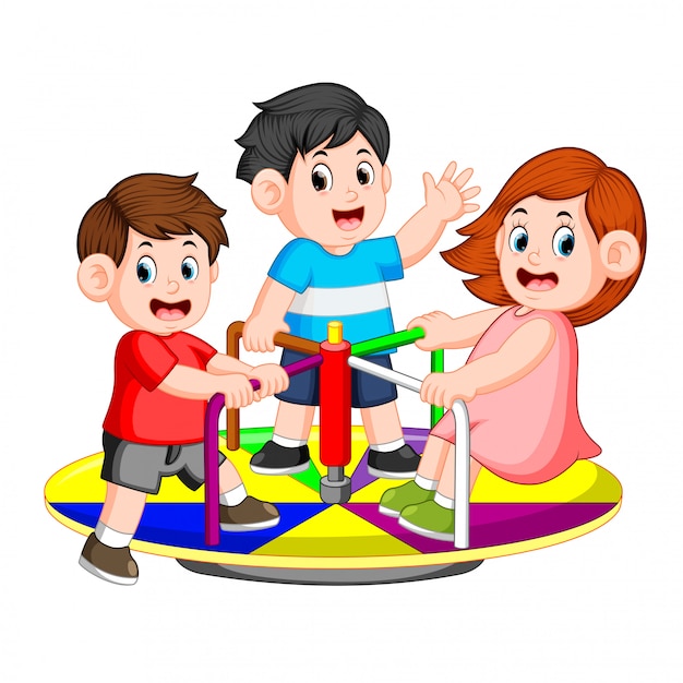 The children play carousel with pleasure