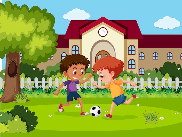 Vettore i bambini giocano a calcio a scuola