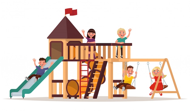 Children play on the playground on a white background.  illustration