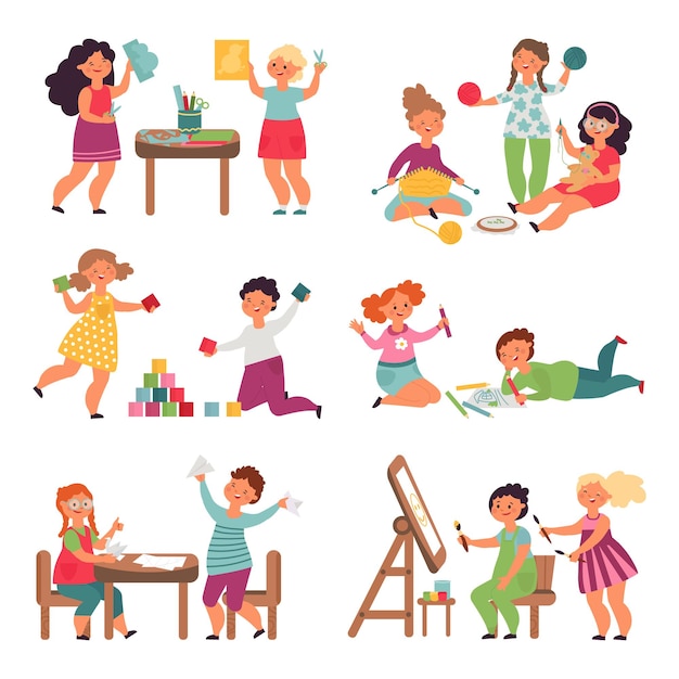 Vector children play together. isolated child playing, funny childish teamwork. friends in creative lab, little girl boy toy hobby decent vector set. illustration children together play in game and drawing