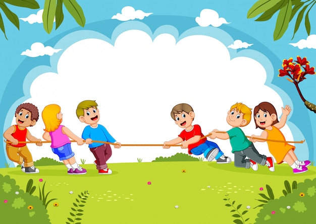 Vector children play tug of war in the park