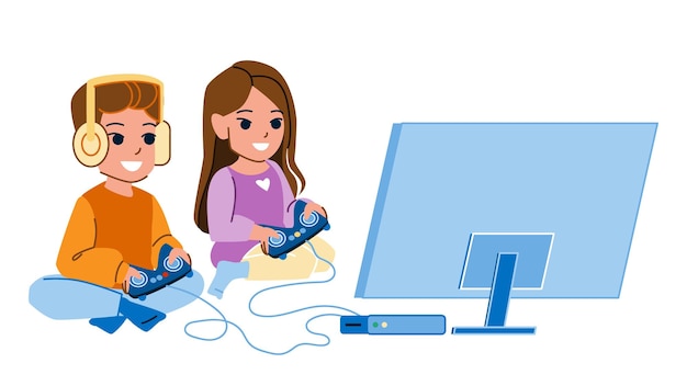 Вектор Дети играют в видеоигры вектор