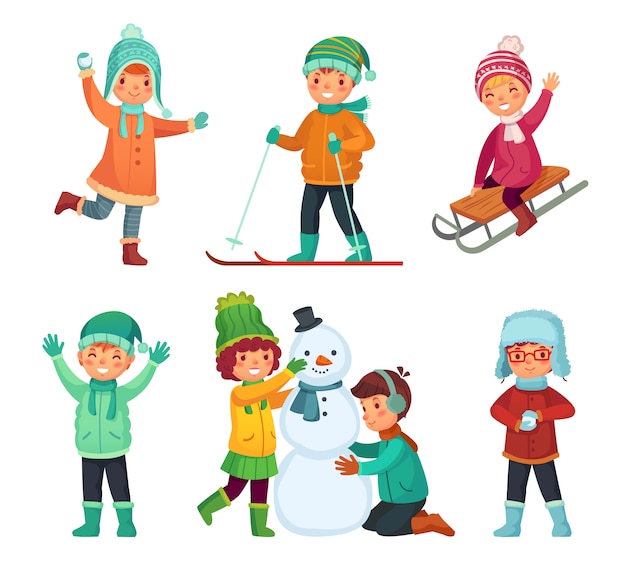 Children play in winters holiday, sledding and making snowman. Cartoon kids characters set