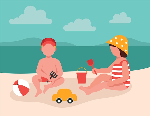 Children play with toys in the sand by the sea. Vacation concept with children. Cartoon cute characters