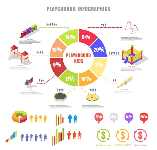 Children playground equipment vector flat isometric infographics