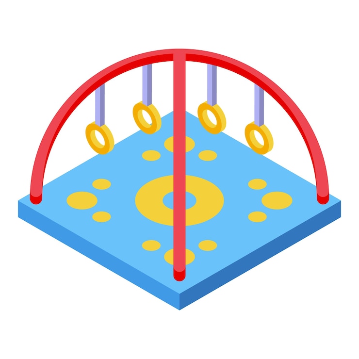 Vector children playground equipment with hanging rings on blue mat isometric view