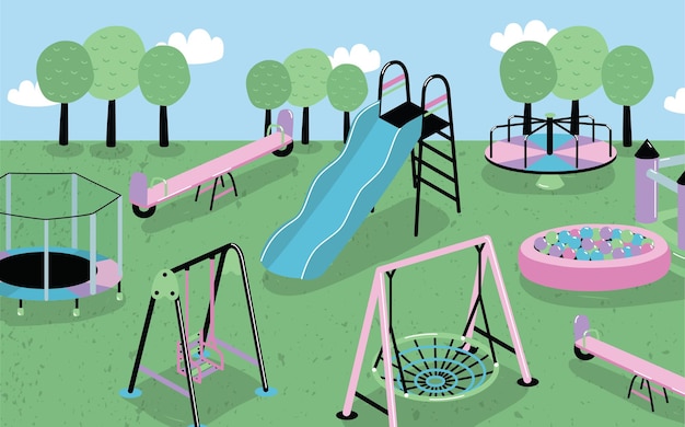 Vettore illustrazione di parco giochi per bambini in stile cartone animato