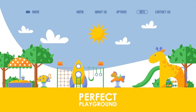 ベクトル 子供の遊び場のウェブサイト、イラスト。スタートアッププロジェクトの完璧な遊び場、フラットスタイルの背景のランディングページテンプレート。子供向けの楽しいアトラクション