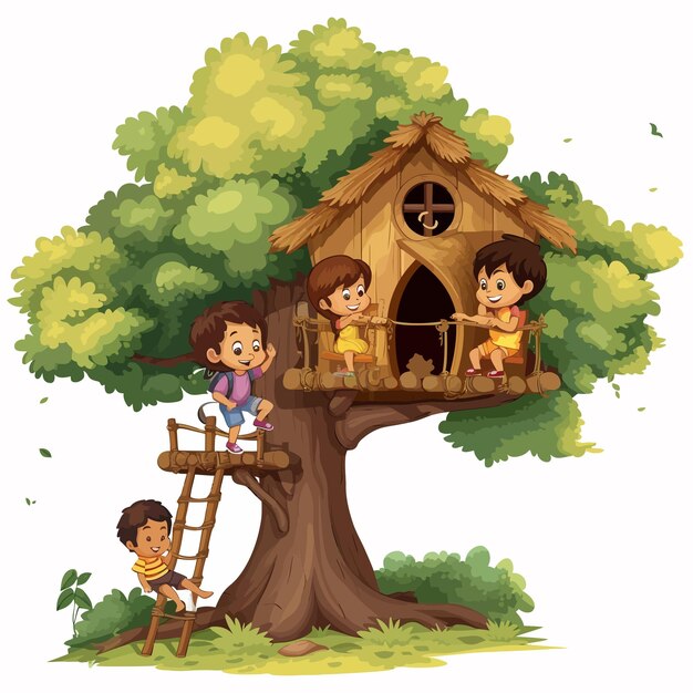 Vector children_playing_and_having_fun_in_the_treehouse