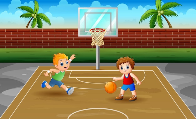 Bambini che giocano a basket presso l'illustrazione della corte