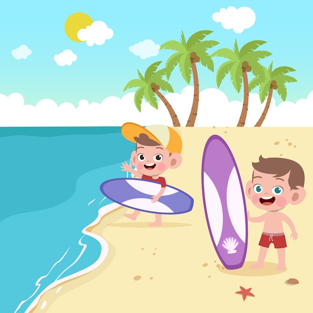 Vector children playing on the beach illustration