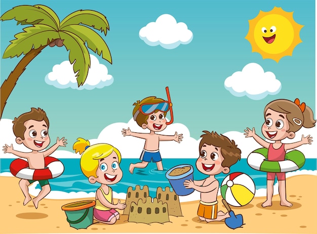 Children playing on the beach with a beach and a palm tree in the background