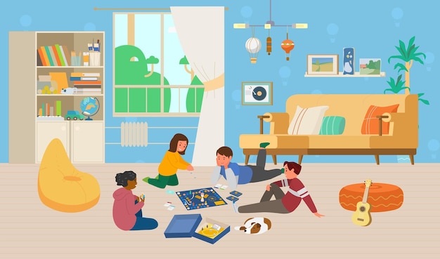 Children playing board game on the floor in kids room