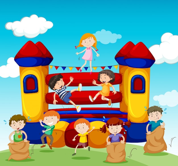 Vector children playing at the bouncing house illustration