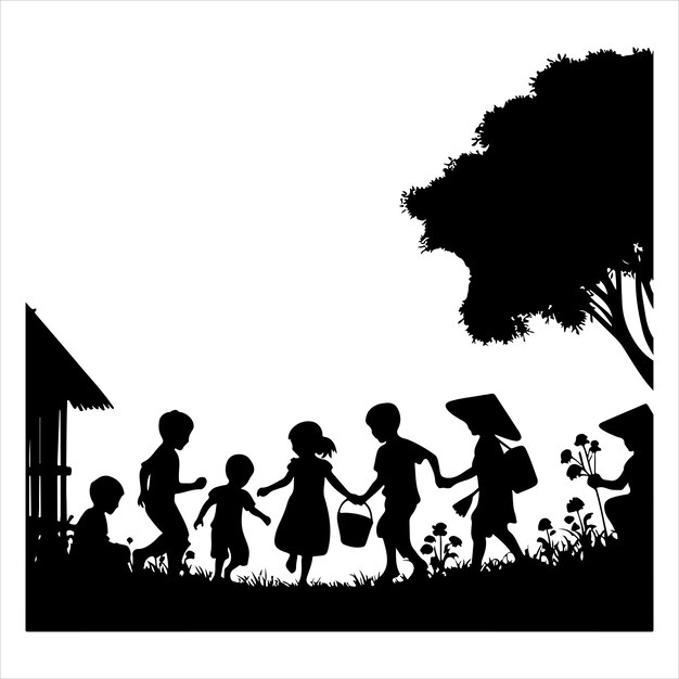 Vector children playing in countryside silhouette joyful rural life black colour vactor
